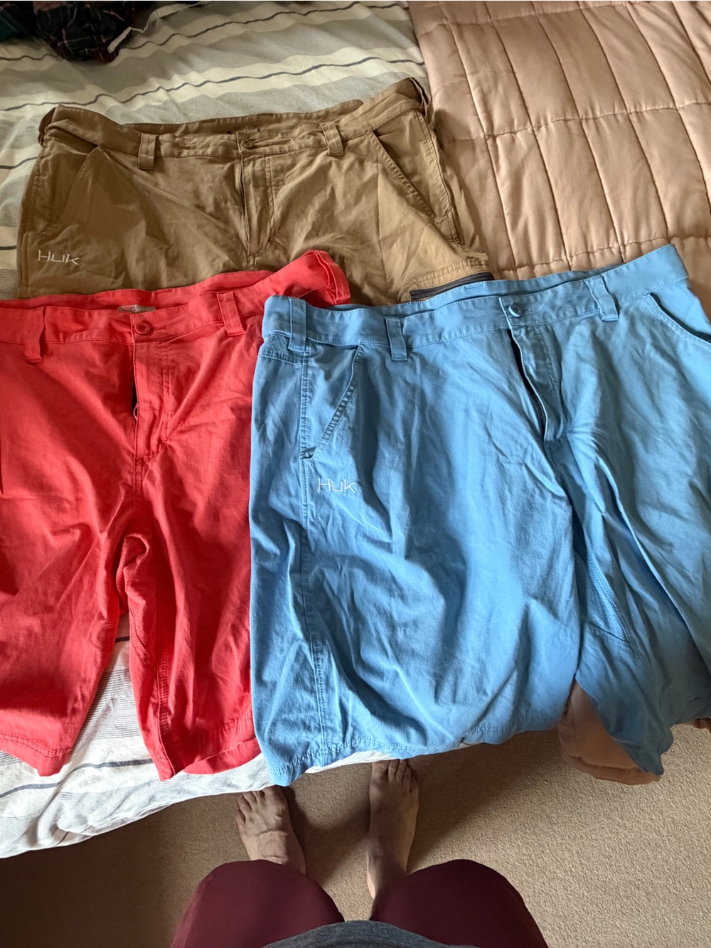 Men’s Huk Fishing XXL Shorts in Light Blue, Red, and Tan